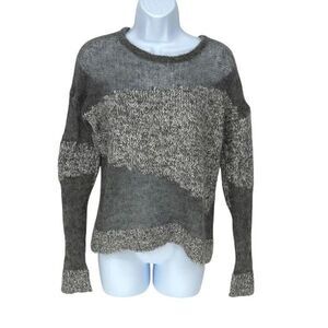 Mohair Wool Blend Womens Knit Mesh Fuzzy Colorblock‎ Pullover Sweater Gray Small